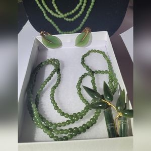 JADE Jewelry set 14k clip-on earrings, 1 brooch , 4 seperate strand necklace